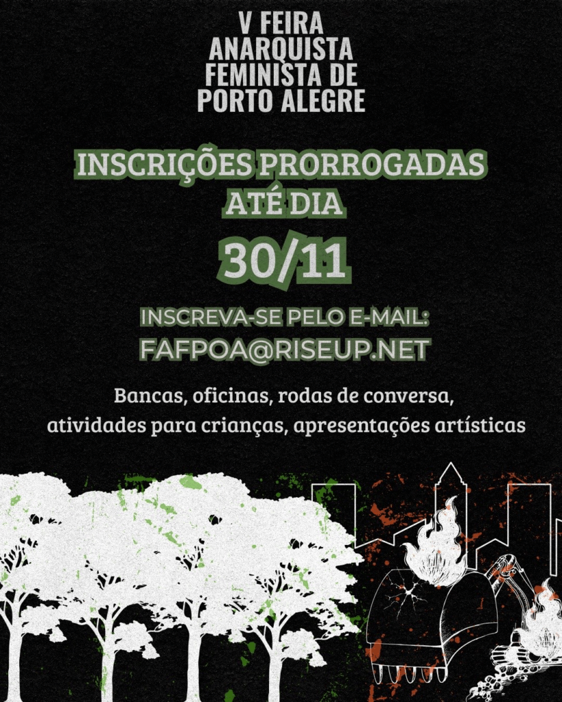 Imagem de divulgação com fundo preto. Em branco um resumo das informações do texto em anexo. Abaixo do texto uma imagem de árvores do lado esquerdo, do lado direito uma retroescavadeira pegando fogo com o contorno de prédios ao fundo.
